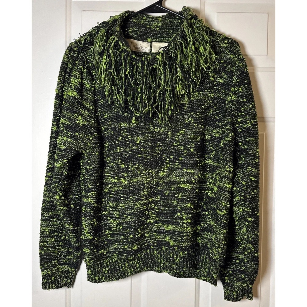 VTG Gil Aimbez Foreign Market Fringe Sweater M Black Green Wool Blend Boho 80s